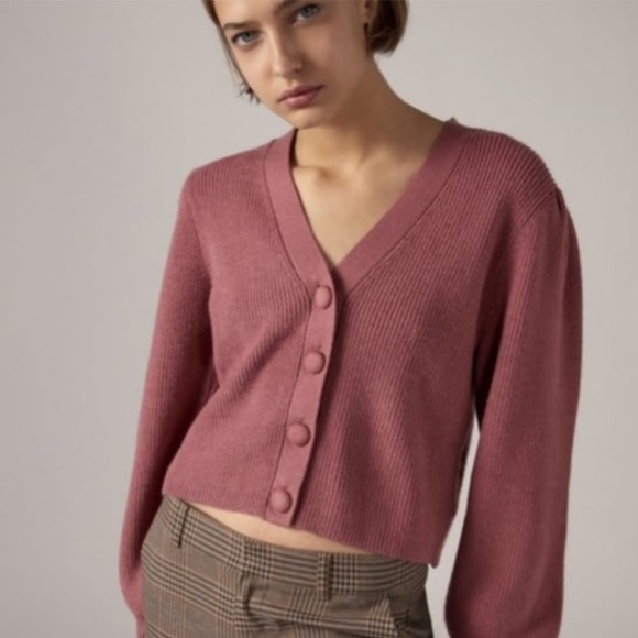 Zara Mauve Knit Puff Shoulder Sleeves Button Up V Neck Cardigan dust rose - Picture 2 of 4